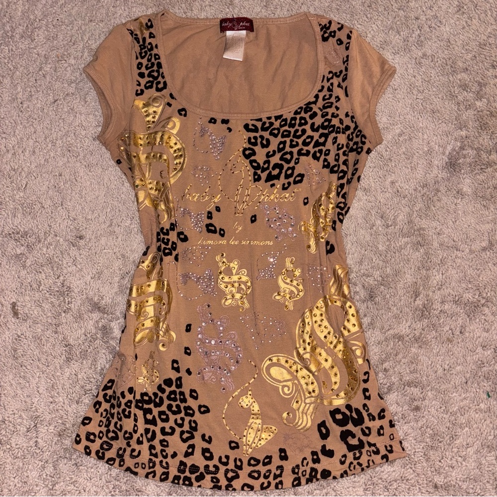 Vintage Y2K Baby Phat Short Sleeve Scoop Neck Tunic Top with Gold Accents